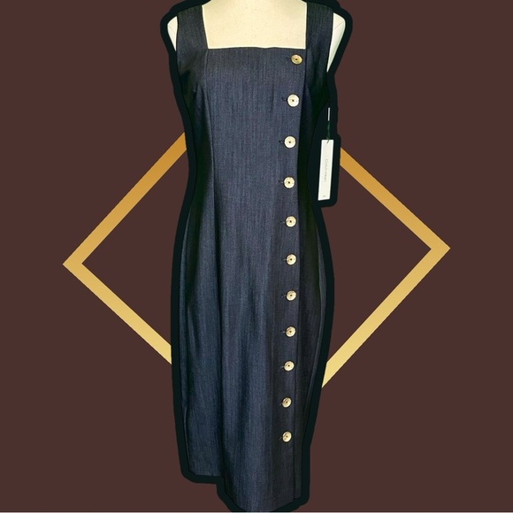 NWT Calvin Klein Navy Blue Chambray Asymmetric Gold Button Up Sheath Dress Sz 4 - Picture 1 of 16